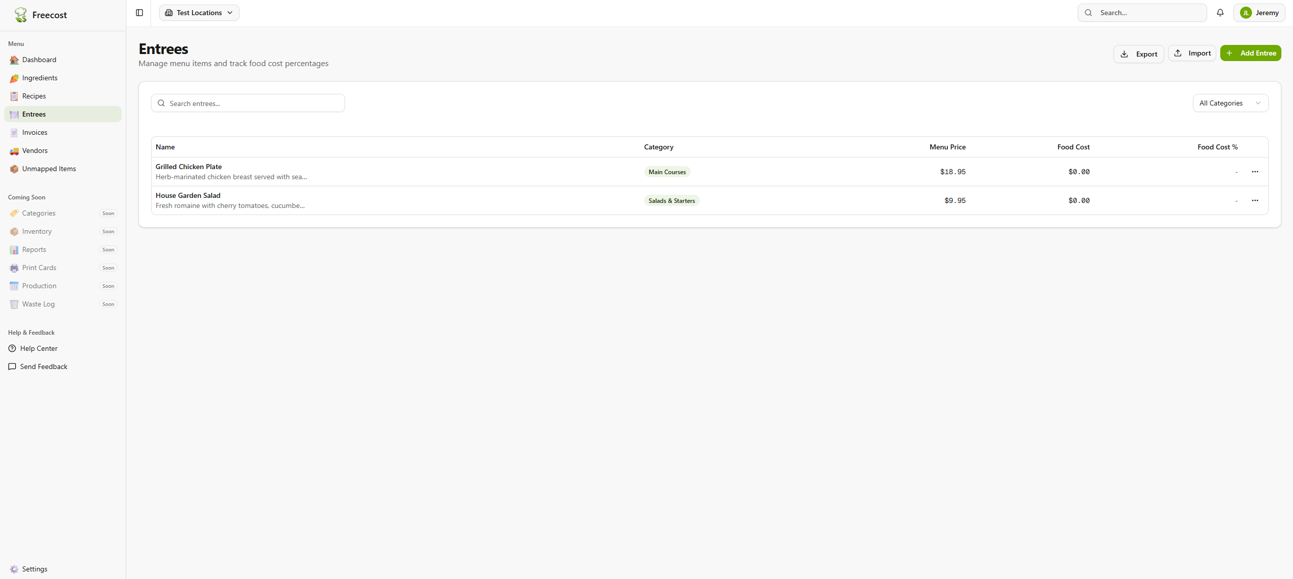Real-Time Food Costing